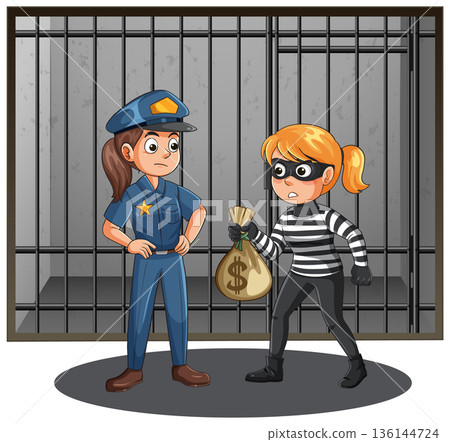 Police Officer Confronts Female Thief Holding Stolen Money Bag Police Officer Confronts Female Thief Holding Stolen Money Bag 136144724