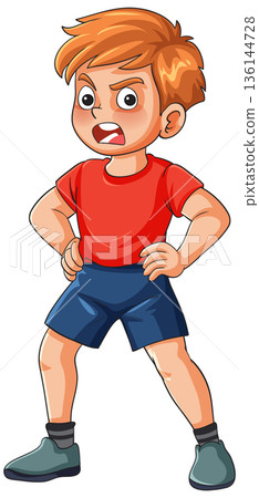 Angry Young Boy Standing with Hands on Hips Angry Young Boy Standing with Hands on Hips 136144728