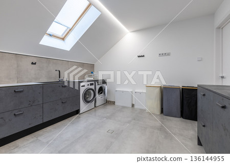 Spacious Minimalist Attic Laundry Room Interior 136144955