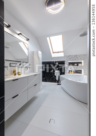 Luxury Attic Bathroom with Freestanding Tub and Double Vanity Luxury Attic Bathroom with Freestanding Tub and Double Vanity 136144958