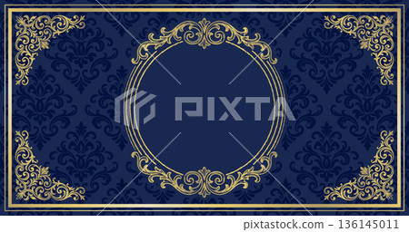 Luxurious navy and gold decorative frame background. Horizontal frame material with damask pattern. 136145011