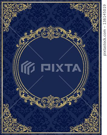 Luxurious navy and gold wedding invitation template with damask pattern and antique decorative frame Luxurious navy and gold wedding invitation template with damask pattern and antique decorative frame 136145019