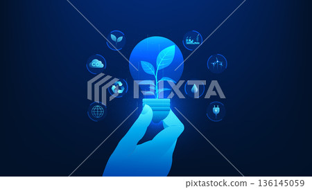 Green Technology Background with Hand Holding Light Bulb and Tree Inside, Net Zero and Sustainability, Renewable Energy and Eco Innovation, Clean Energy Future, Environmental Protection, Sustainable 136145059