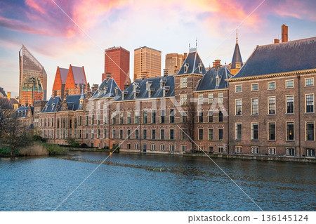 Binnenhof Palace Complex in The Hague, Netherlands A Historic Skyline at Sunset, The Haague 136145124