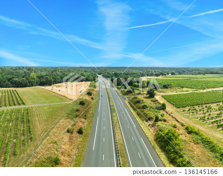 Scenic Aerial View of Highway Amidst Lush Green Fields and Trees under a Bright Blue Sky 136145166