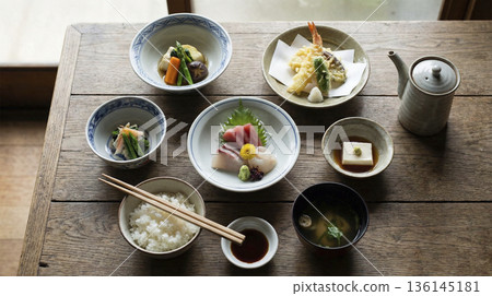 空拍鏡頭展現了豐盛的日式料理，包括刺身、天婦羅和各種小菜。 136145181