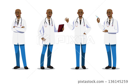 Professional African American male doctor with glasses. Realistic Flat vector set in various poses like holding tablet, syringe, and waving. Ideal for medical and healthcare design. Professional African American male doctor with glasses. Realistic Flat vector set in various poses like holding tablet, syringe, and waving. Ideal for medical and healthcare design. 136145259