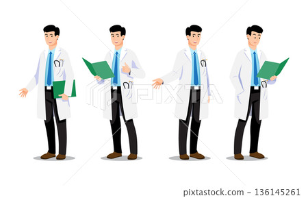 Asian male doctor character set. Flat vector illustration in various professional poses like holding green folder and waving. Perfect for healthcare and clinical designs. 136145261