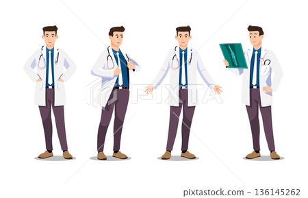 Asian male orthopedist doctor character set. Flat vector featuring poses like checking knee X-ray, adjusting coat, and open arms. Versatile for medical and diagnostic content. 136145262