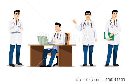 Professional Asian doctor character set. Flat vector illustration featuring the doctor working at a desk with a laptop and various standing poses. Great for clinic design. 136145263