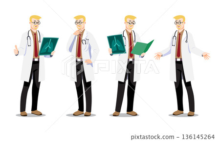 Caucasian Pulmonologist male doctor with blonde hair and beard. Flat vector set featuring lung X-ray and folder. Professional character for healthcare and respiratory health content. 136145264
