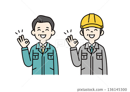 一組向量插圖，包括一位身穿工作服的商人和一位戴著安全帽、做出「OK」手勢的工人 136145300