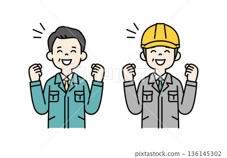 一組向量插圖，描繪了一位小型企業總裁和一位戴著安全帽的現場主管，他們正握拳慶祝。 136145302