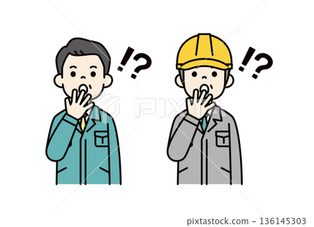 A vector illustration set of a factory manager, manager, president and site supervisor wearing a helmet with a surprised expression 136145303