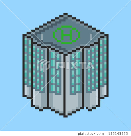 Pixel art Hotel Building with Helipad game asset design 136145353