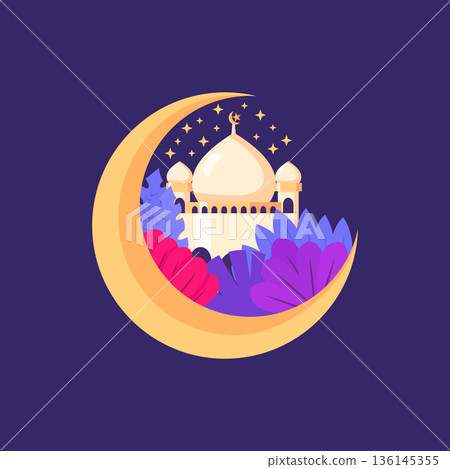 Ramadan Kareem Mosque with Crescent Moon Illustration Ramadan Kareem Mosque with Crescent Moon Illustration 136145355