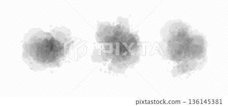 Grey blobs set in watercolor style. Soft black watercolour texture splash effects. Round ink or paint brush shape element collection. Abstract liquid color splatters, spots, stains and drops. Vector 136145381