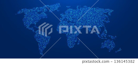 Blue glowing pixel world map concept. Abstract neon dotted globe worldmap for poster, banner, brochure, flyer, booklet, presentation. Dark navy continents infographics wallpaper. Vector illustration 136145382