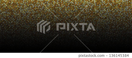 Golden color halftone gradient. Pop art comic glitter backdrop texture. Abstract gold dotted pattern background. Yellow confetti wallpaper for banner, poster, flyer, party decor, presentation. Vector 136145384