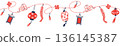 Seamless Chinese New Year lantern border with hanging ornaments, firecrackers and clouds in Chinese style, red and blue colors on transparent background. 136145387
