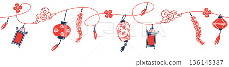 Seamless Chinese New Year lantern border with hanging ornaments, firecrackers and clouds in Chinese style, red and blue colors on transparent background. Seamless Chinese New Year lantern border with hanging ornaments, firecrackers and clouds in Chinese style, red and blue colors on transparent background. 136145387