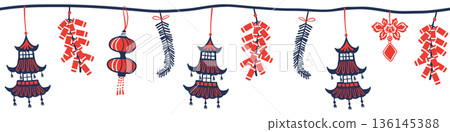 Seamless Chinese New Year lantern border with hanging ornaments, and firecrackers in Chinese style, red and blue color tones on transparent background. Seamless Chinese New Year lantern border with hanging ornaments, and firecrackers in Chinese style, red and blue color tones on transparent background. 136145388