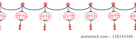 Seamless Chinese New Year lantern border with hanging ornaments in Chinese style, red and blue colors on transparent background. 136145389