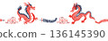 Seamless Chinese New Year dragons border with firecrackers and clouds in Chinese style, red and blue colors on transparent background. 136145390