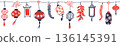 Seamless Chinese New Year lantern border with hanging ornaments, firecrackers and clouds in Chinese style, red and blue colors on transparent background. 136145391