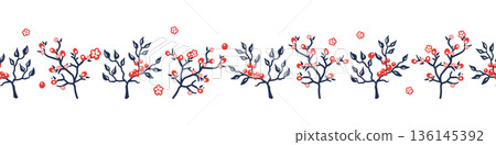Seamless Chinese New Year border with trees in Chinese style, red and blue colors on transparent background. Seamless Chinese New Year border with trees in Chinese style, red and blue colors on transparent background. 136145392