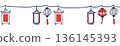 Seamless Chinese New Year lantern border with hanging ornaments, and copy-space in Chinese style, red and blue colors on transparent background. 136145393