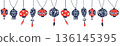 Seamless Chinese New Year border with hanging lanterns in Chinese style, red and blue colors on transparent background. 136145395