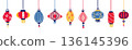 Chinese New Year lantern hanging ornaments in colorful colors isolated on transparent background. 136145396