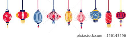 Chinese New Year lantern hanging ornaments in colorful colors isolated on transparent background. Chinese New Year lantern hanging ornaments in colorful colors isolated on transparent background. 136145396