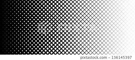 Thin to thick grid pattern gradient. Fading net gradation texture background. Black repeating mesh backdrop for overlay, print, cover, banner, poster. Vanishing overlapping lattice wallpaper. Vector 136145397
