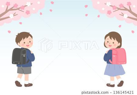 一幅插圖，描繪了一年級的一對男孩女孩走在櫻花樹前。 136145421
