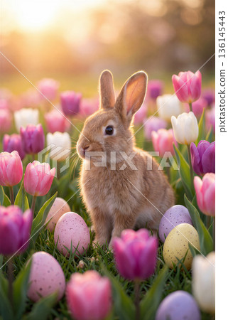 Cute Bunny and Colorful Easter Eggs Among Vibrant Spring Tulips at Sunset Cute Bunny and Colorful Easter Eggs Among Vibrant Spring Tulips at Sunset 136145443