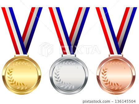 Tricolor gold, silver and bronze medal with ribbon and laurel wreath for Olympic Games Tricolor gold, silver and bronze medal with ribbon and laurel wreath for Olympic Games 136145504