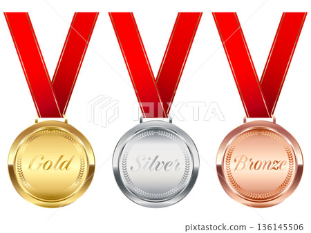 Gold, silver and bronze medal with red ribbon, laurel wreath and English letters 136145506