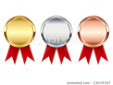 Gold, silver and bronze medals with red ribbons Gold, silver and bronze medals with red ribbons 136145507