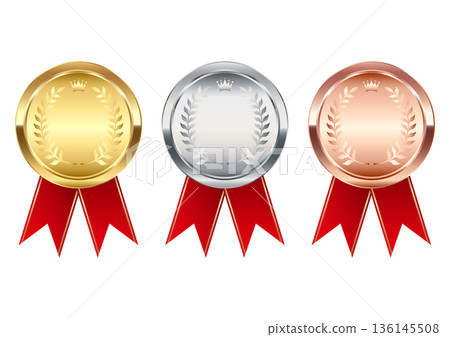 Gold, silver, and bronze medals with red ribbons and laurel wreaths and crowns Gold, silver, and bronze medals with red ribbons and laurel wreaths and crowns 136145508