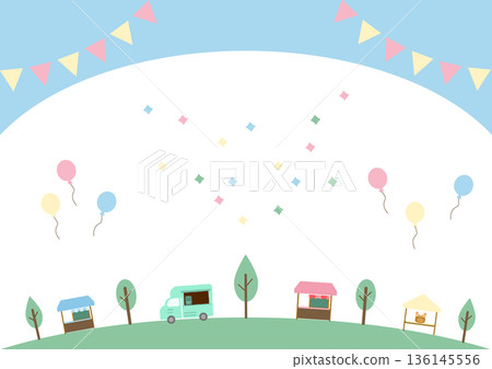 Horizontal background for spring market flyers: copy space for sky, garland, and balloons Horizontal background for spring market flyers: copy space for sky, garland, and balloons 136145556