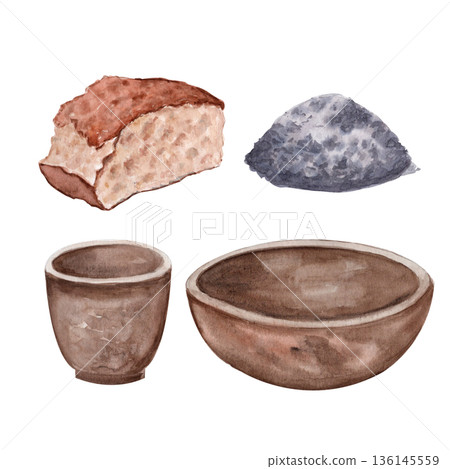 Clay bowl and cup, pile of ash and piece of bread watercolor illustration set isolated on white. Perfect for Lent season, Ash Wednesday design, church graphics, devotion layouts, spiritual reflection Clay bowl and cup, pile of ash and piece of bread watercolor illustration set isolated on white. Perfect for Lent season, Ash Wednesday design, church graphics, devotion layouts, spiritual reflection 136145559