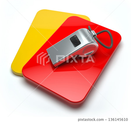 Red and yellow card with whistle on white background. 136145610