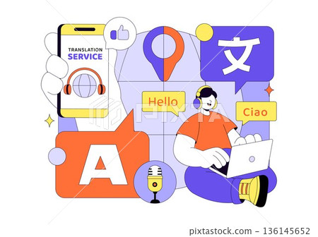 Translator Service Vector Illustration Showing Multilanguage Translation Across Various Countries Using A Dictionary In Flat Cartoon Style Background 136145652