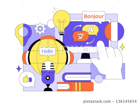 Translator Service Vector Illustration Showing Multilanguage Translation Across Various Countries Using A Dictionary In Flat Cartoon Style Background 136145654