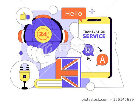Translator Service Vector Illustration Showing Multilanguage Translation Across Various Countries Using A Dictionary In Flat Cartoon Style Background 136145659