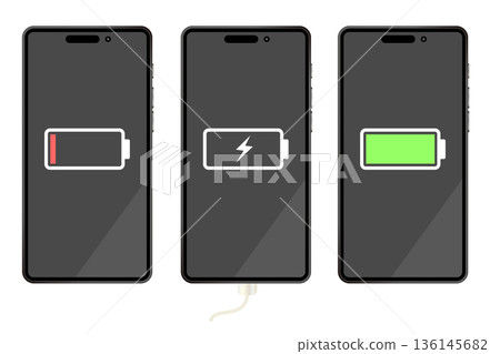 Illustration set showing smartphone charging status | Out of battery, charging, fully charged Illustration set showing smartphone charging status | Out of battery, charging, fully charged 136145682