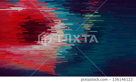 Glitch abstract background with distortion effect, bright dynamic strokes, blue and red color lines for design concepts, wallpapers, presentations, posters, prints and web. Vector illustration. 136146122