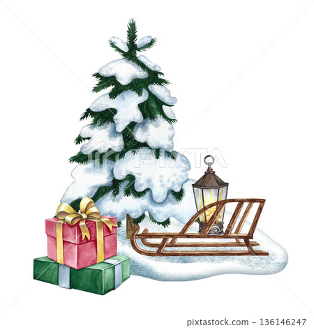 Christmas composition. Snow-covered Christmas tree, lantern on sled, and gift boxes. Hand-drawn watercolor illustration. For making Christmas and New Year postcards, posters, banners, and more. Christmas composition. Snow-covered Christmas tree, lantern on sled, and gift boxes. Hand-drawn watercolor illustration. For making Christmas and New Year postcards, posters, banners, and more. 136146247